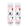 Flat lay showcasing a pair of white crew socks with a hockey-themed pattern.