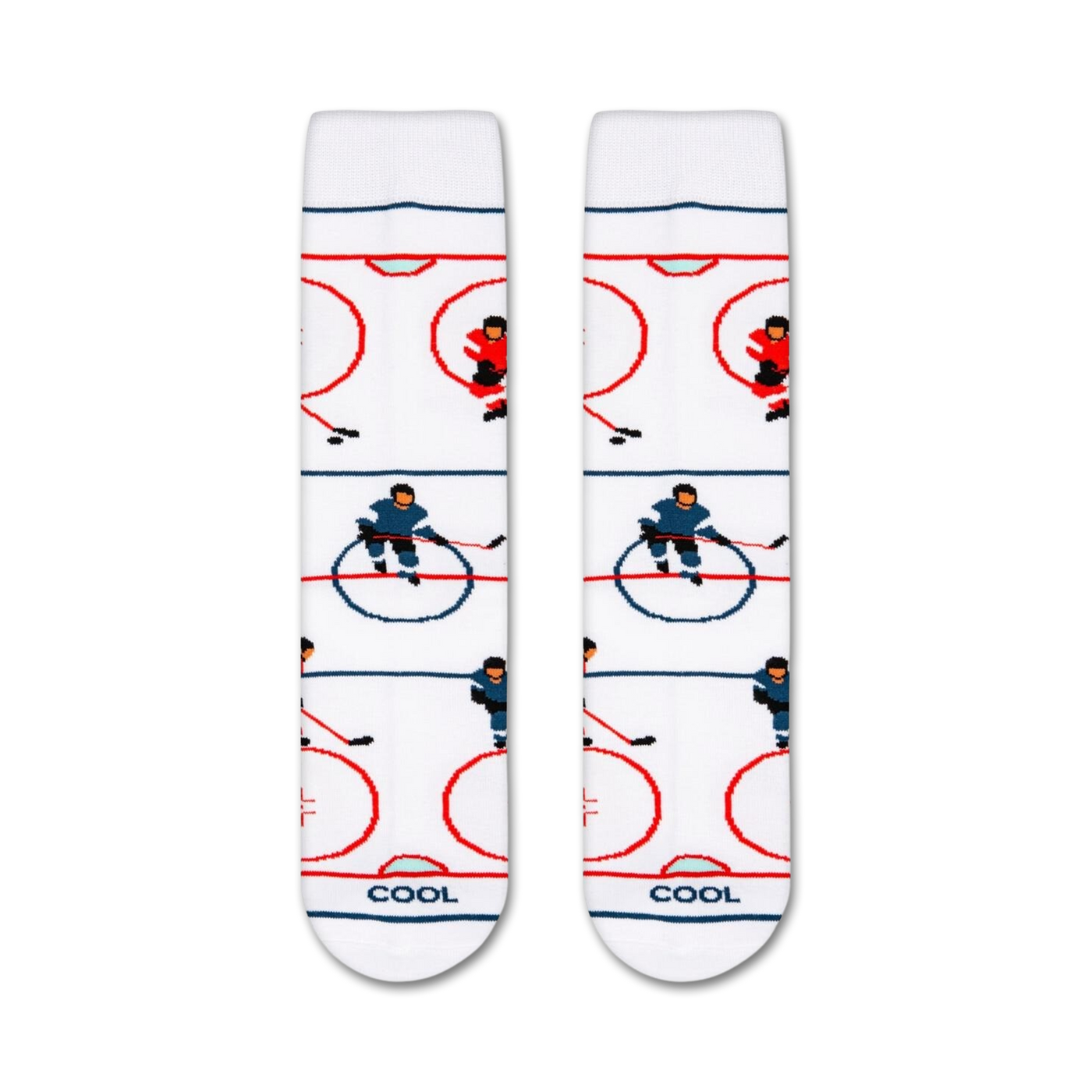 Flat lay showcasing a pair of white crew socks with a hockey-themed pattern.