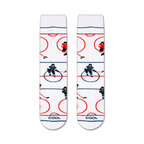 Flat lay showcasing a pair of white crew socks with a hockey-themed pattern.