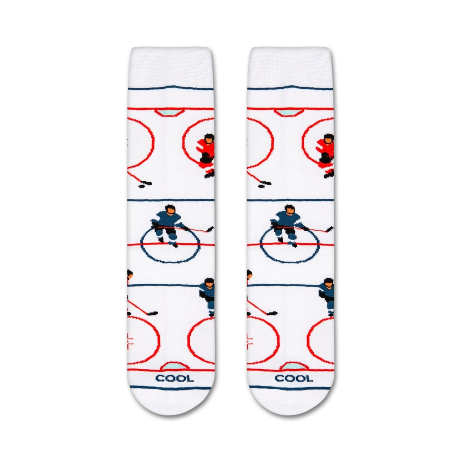 Flat lay showcasing a pair of white crew socks with a hockey-themed pattern.
