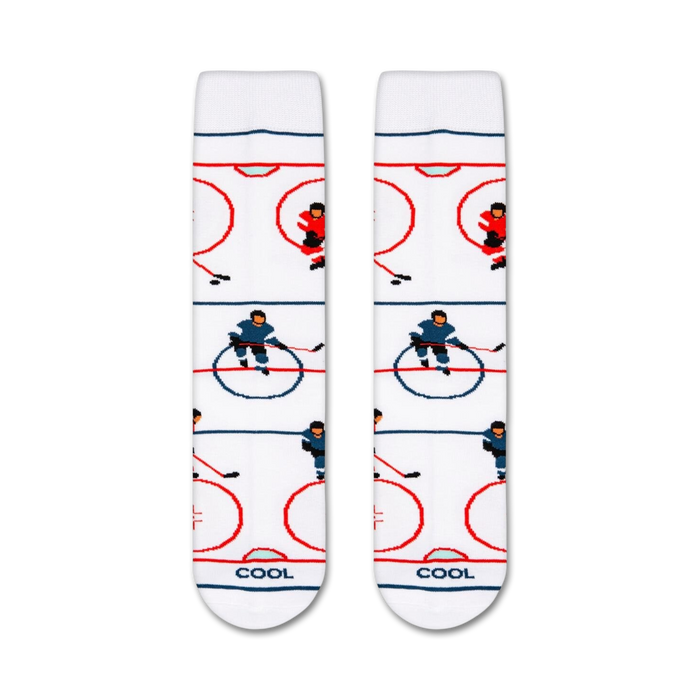A white sock with a red and blue hockey rink pattern.