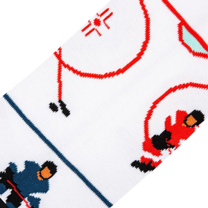 A white sock with a red and blue hockey rink pattern.
