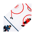 Close-up detail shot of the hockey sock's design, showing the intricate details of the hockey players and rink.