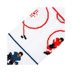 Close-up detail shot of the hockey sock's design, showing the intricate details of the hockey players and rink.