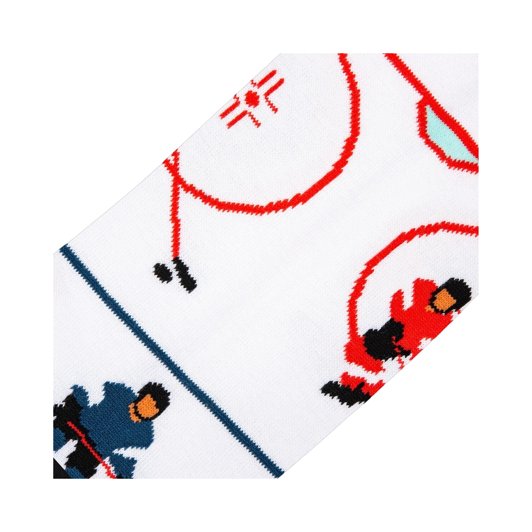Close-up detail shot of the hockey sock's design, showing the intricate details of the hockey players and rink.
