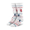 Pair of white crew socks with a hockey rink design.  Red, blue, and black hockey players are depicted skating on the rink.