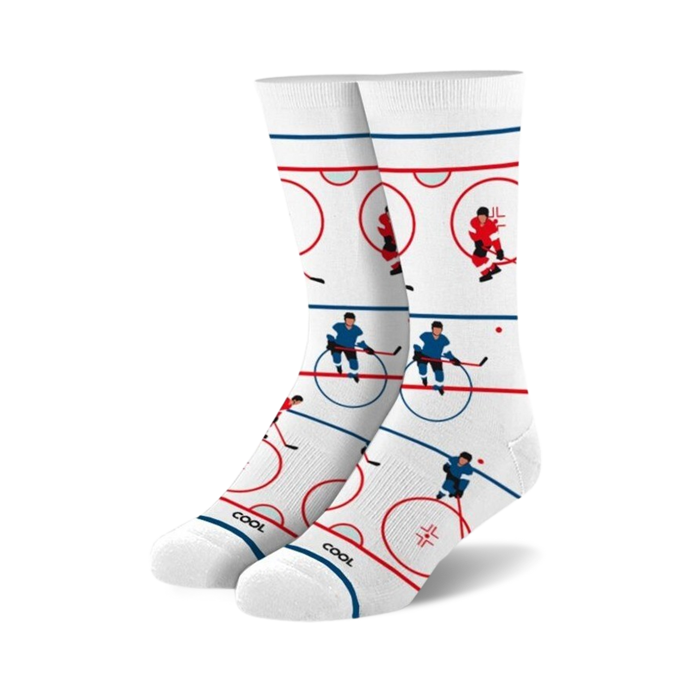 Pair of white crew socks with a hockey rink design.  Red, blue, and black hockey players are depicted skating on the rink.