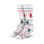 Pair of white crew socks with a hockey rink design.  Red, blue, and black hockey players are depicted skating on the rink.