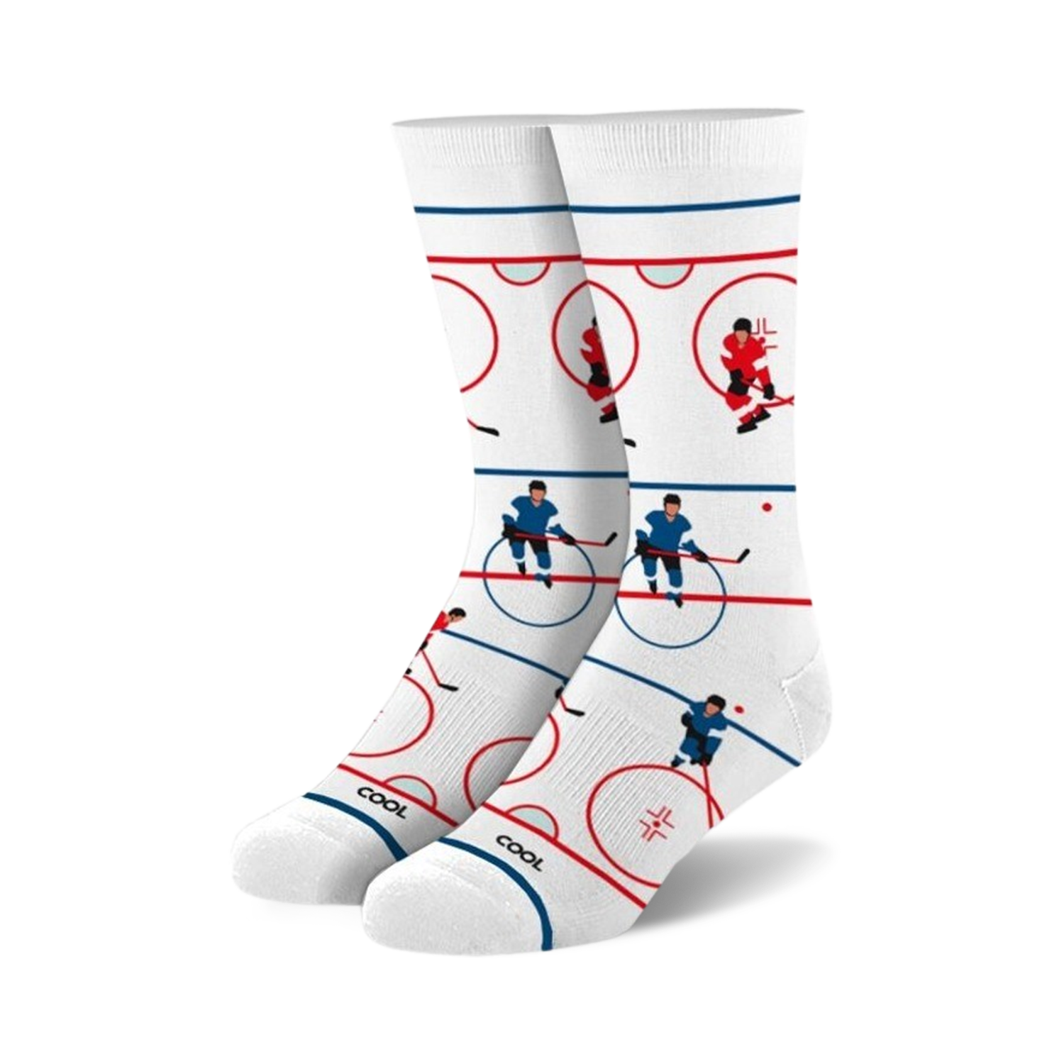 Pair of white crew socks with a hockey rink design.  Red, blue, and black hockey players are depicted skating on the rink.