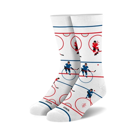 white crew socks featuring a game of ice hockey with red and blue uniformed players on a blue and red rink.  