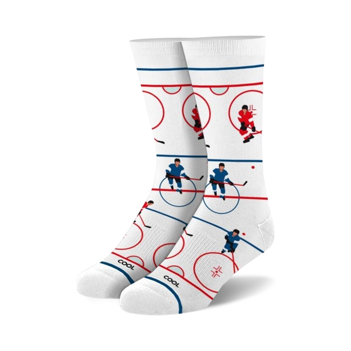 white crew socks featuring a game of ice hockey with red and blue uniformed players on a blue and red rink.  