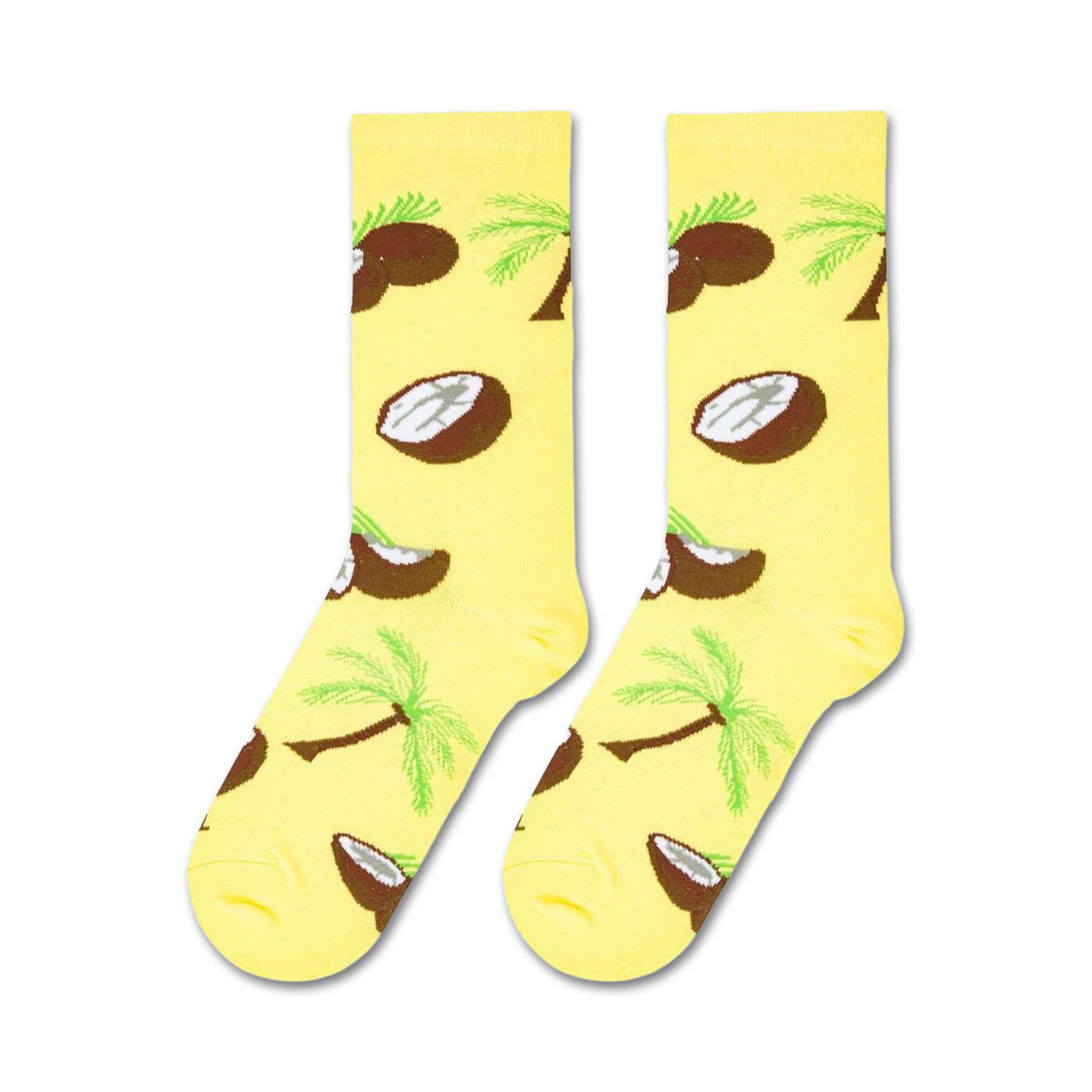 Flatlay showcasing a pair of yellow crew socks with a coconut and palm tree design.