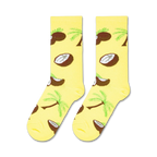 Flatlay showcasing a pair of yellow crew socks with a coconut and palm tree design.