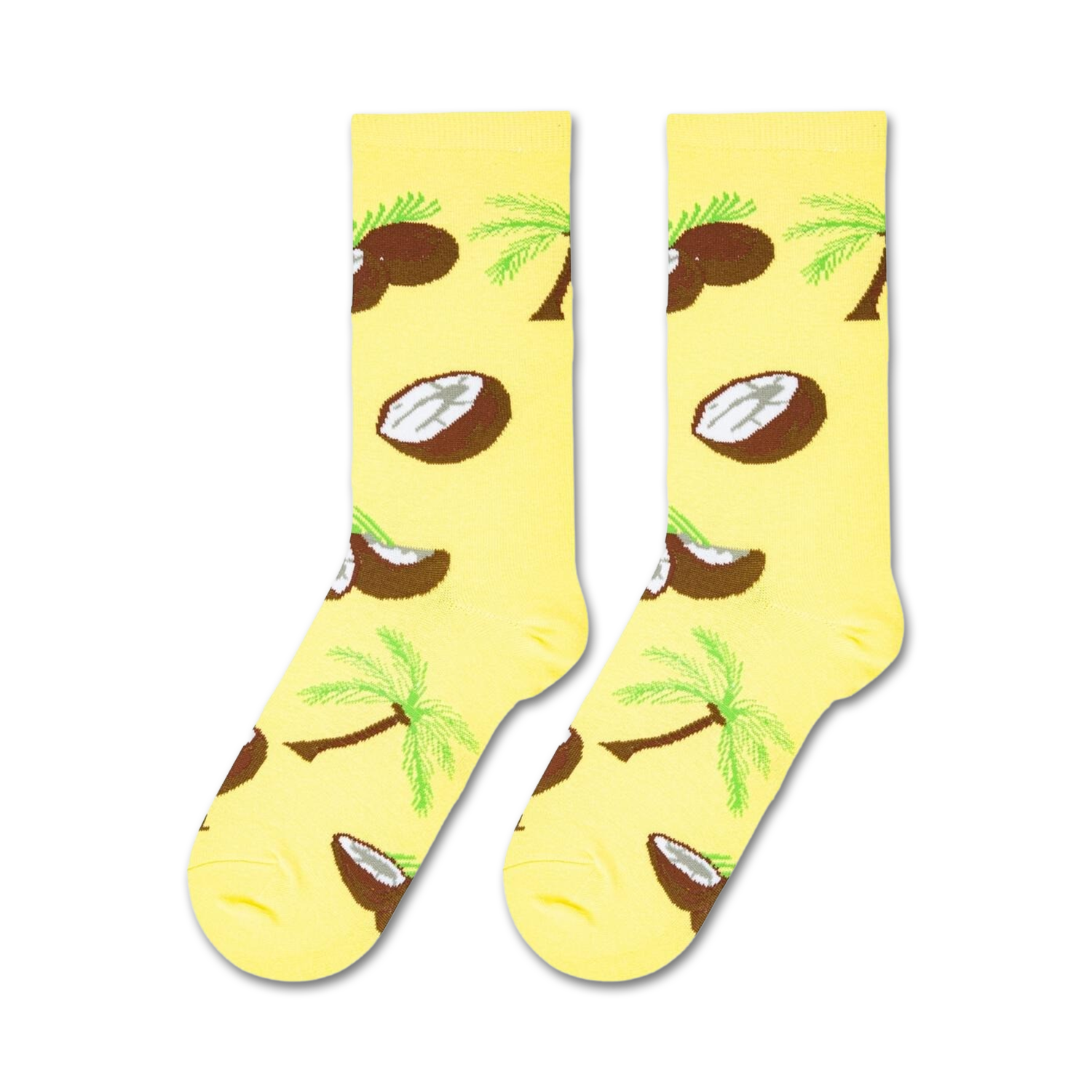 Flatlay showcasing a pair of yellow crew socks with a coconut and palm tree design.