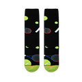 Flat lay of black socks showing the tennis ball and racket pattern, with a neon green toe and red stripe at the bottom.