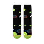 Flat lay of black socks showing the tennis ball and racket pattern, with a neon green toe and red stripe at the bottom.
