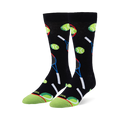 Black crew socks featuring a pattern of neon green tennis balls and blue and red rackets with a bright green toe cap.