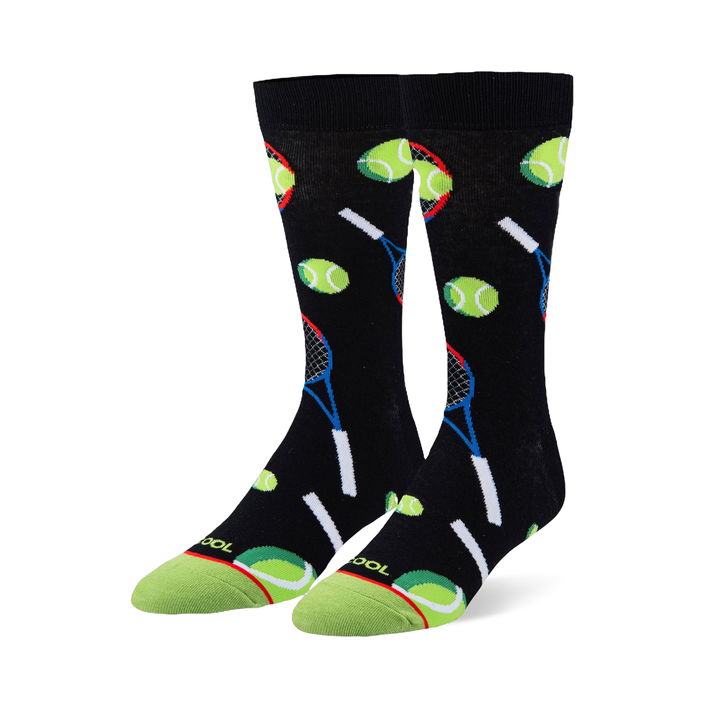 Black crew socks featuring a pattern of neon green tennis balls and blue and red rackets with a bright green toe cap.