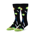 Black crew socks featuring a pattern of neon green tennis balls and blue and red rackets with a bright green toe cap.