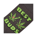 Close-up detail shot of the 'Best Buds' sock design, highlighting the cartoon marijuana leaves and text.