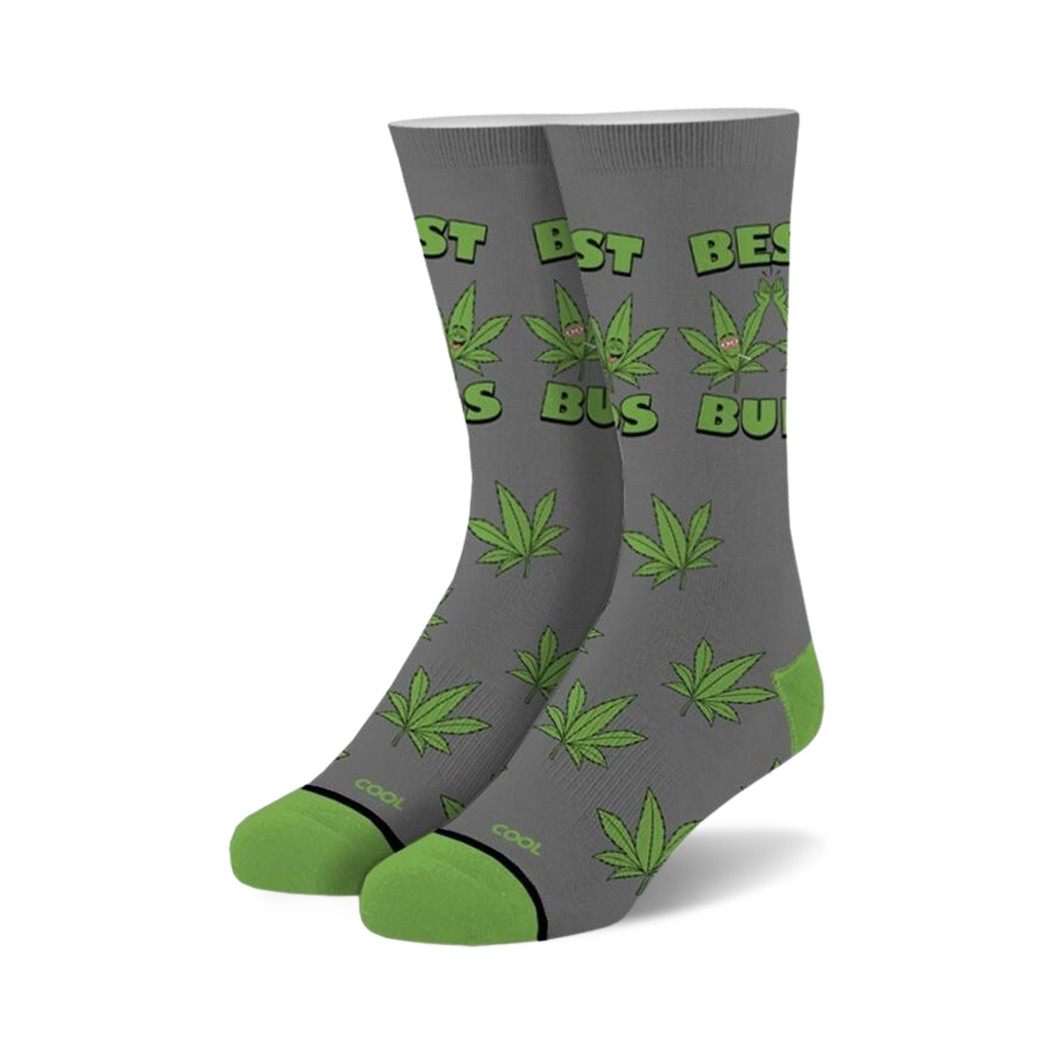 Pair of gray crew socks with green cannabis leaf pattern and 'Best Buds' text.  Features cartoon marijuana leaves with faces.