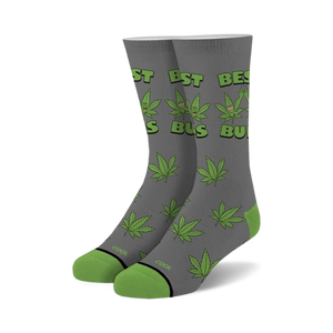 best buds gray crew socks with green marijuana leaf pattern and leaf logo at ankle.  for men and women.  