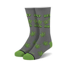 best buds gray crew socks with green marijuana leaf pattern and leaf logo at ankle.  for men and women.  