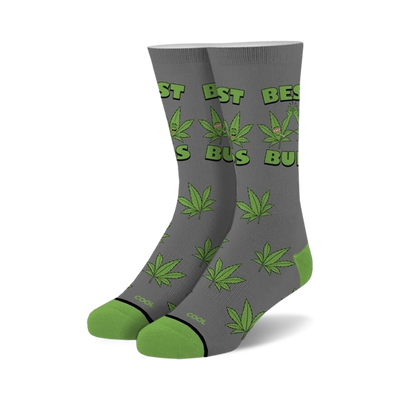 best buds gray crew socks with green marijuana leaf pattern and leaf logo at ankle.  for men and women.  