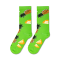 Flat lay showcasing a pair of lime green crew socks with a pineapple design.
