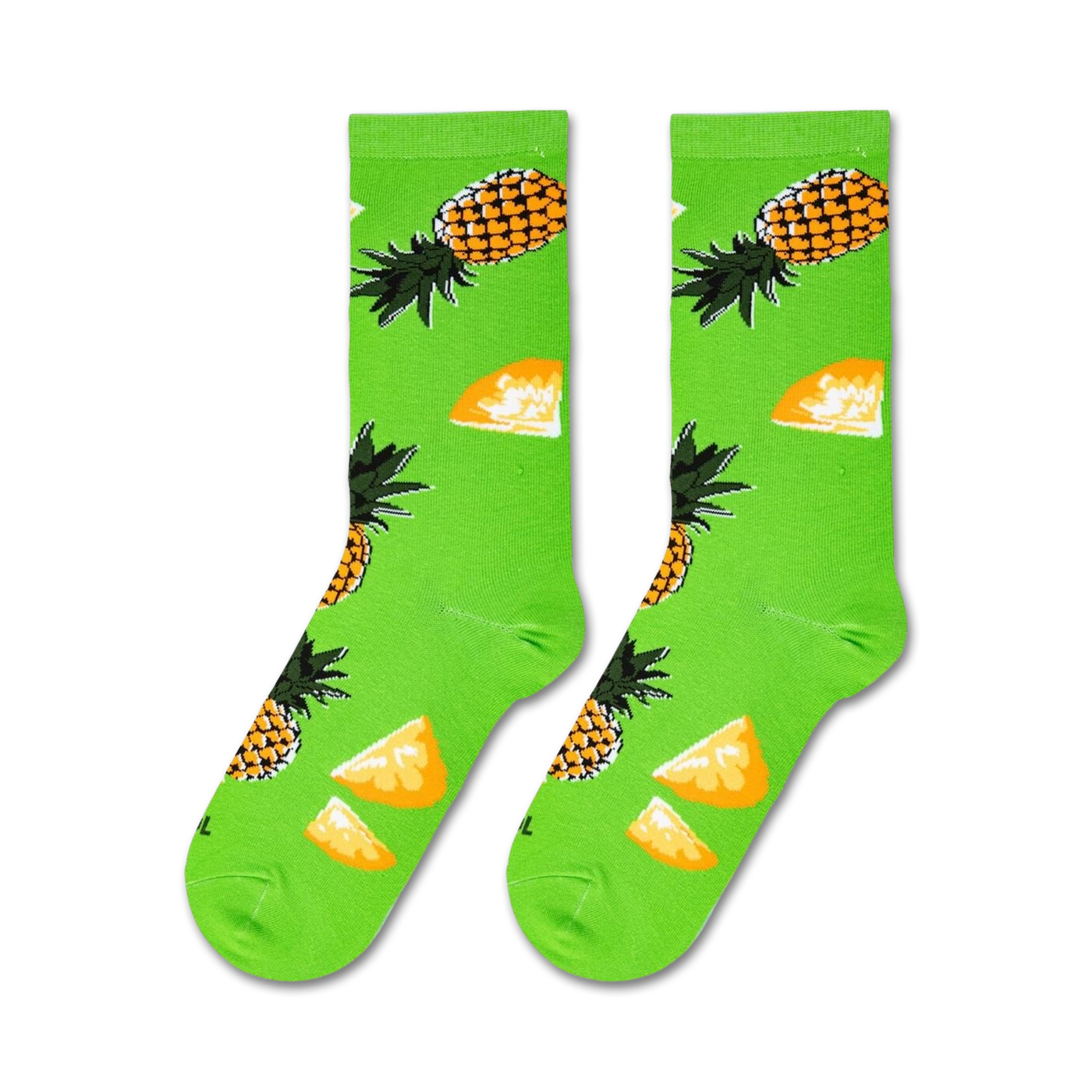Flat lay showcasing a pair of lime green crew socks with a pineapple design.