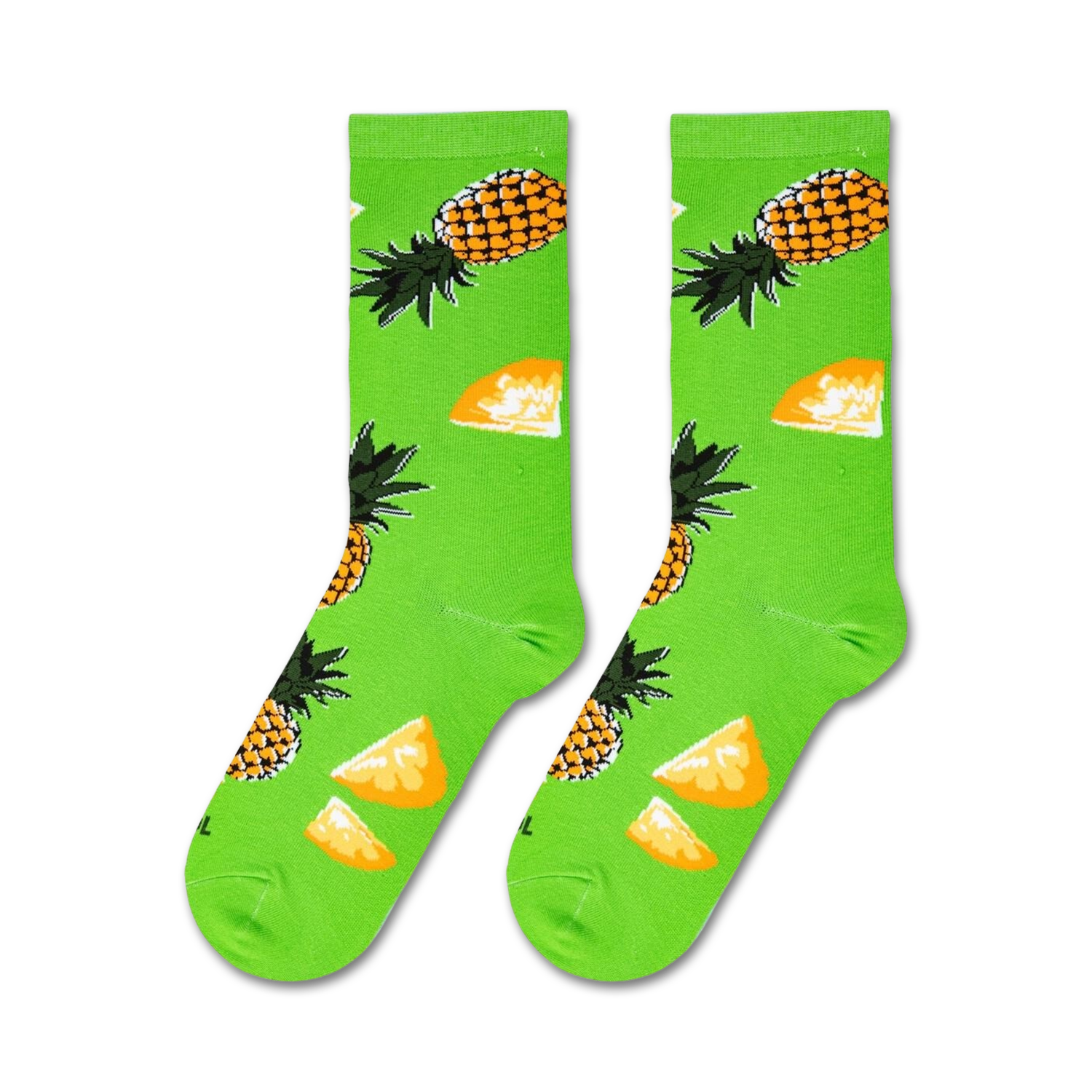 Flat lay showcasing a pair of lime green crew socks with a pineapple design.