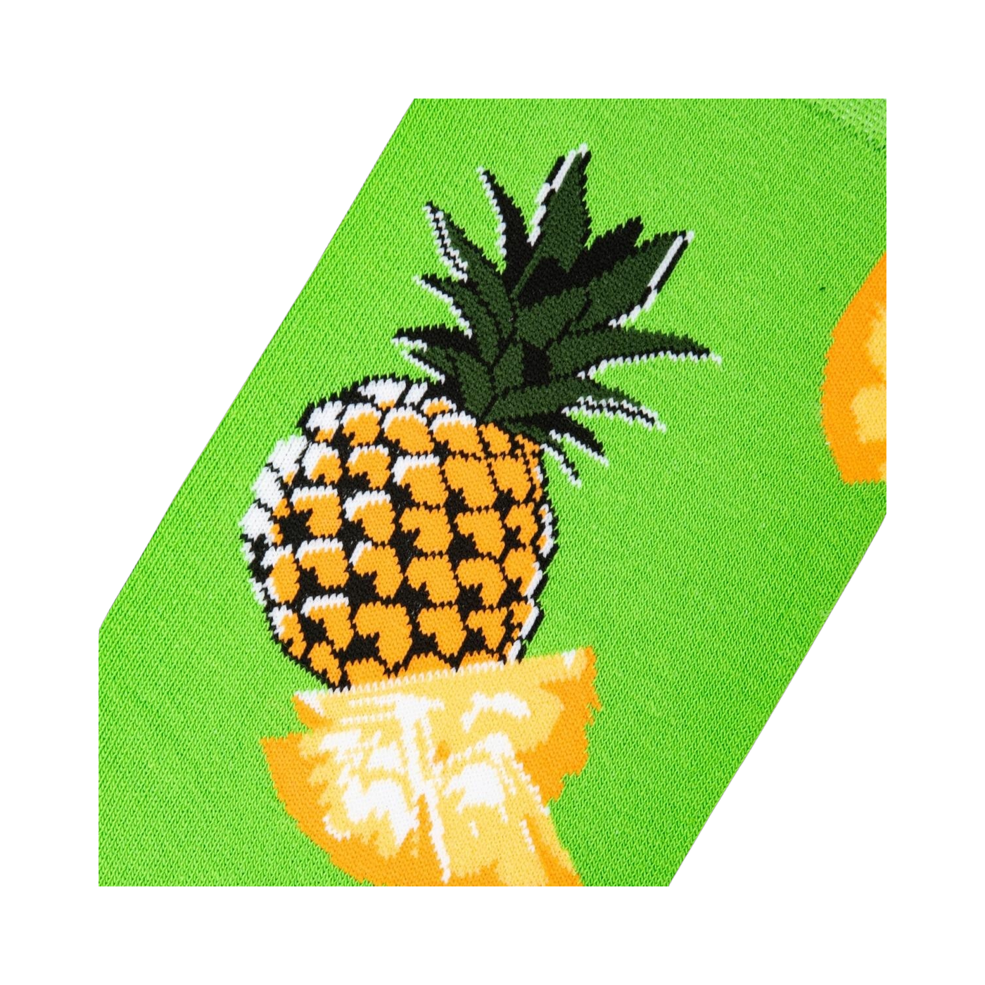 Close-up detail of a pineapple graphic on a lime green sock.