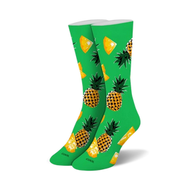crew length pineapple socks for women in a bright green shade with a pineapple fruit slice pattern.  