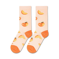 A pair of light peach crew socks laid flat, featuring a scattered pattern of whole peaches and peach slices.