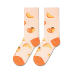 A pair of light peach crew socks laid flat, featuring a scattered pattern of whole peaches and peach slices.