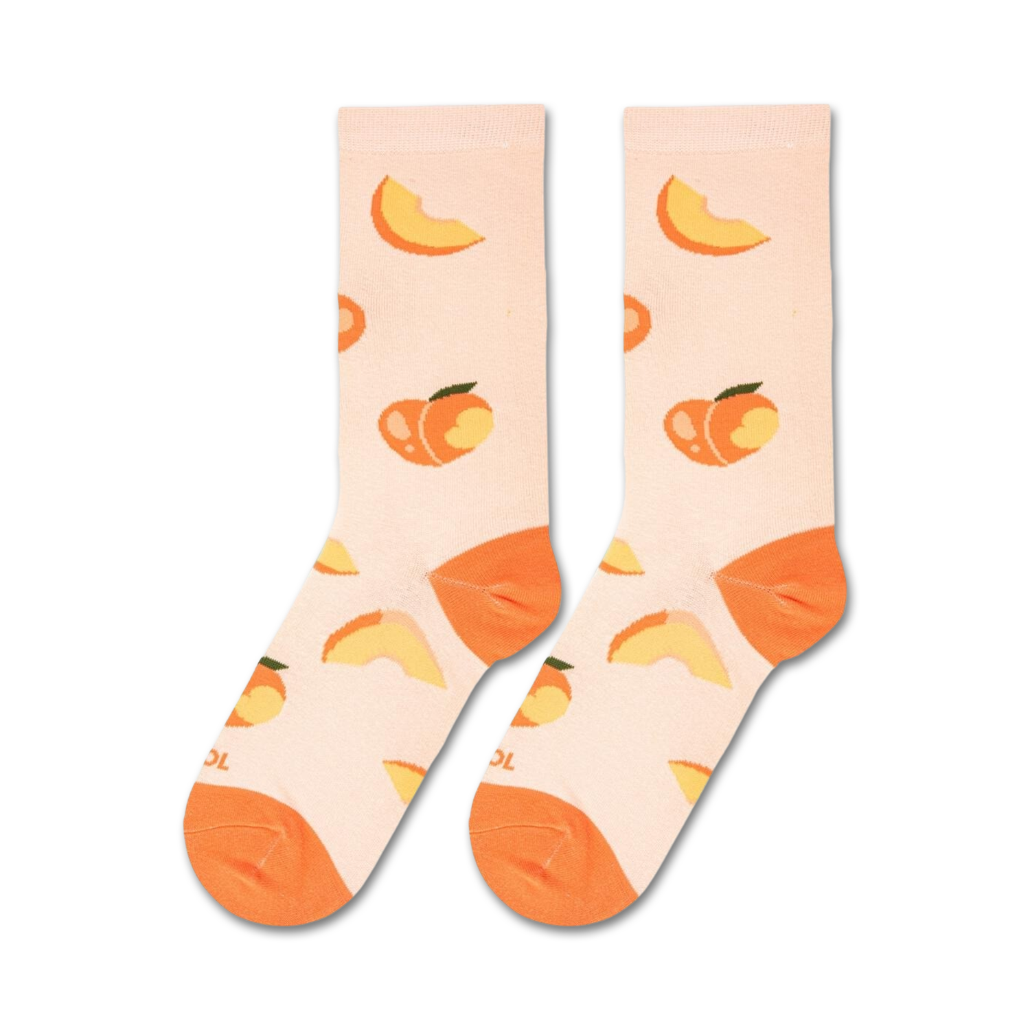 A pair of light peach crew socks laid flat, featuring a scattered pattern of whole peaches and peach slices.