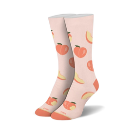 women's crew socks in pink with a pattern of peaches.  