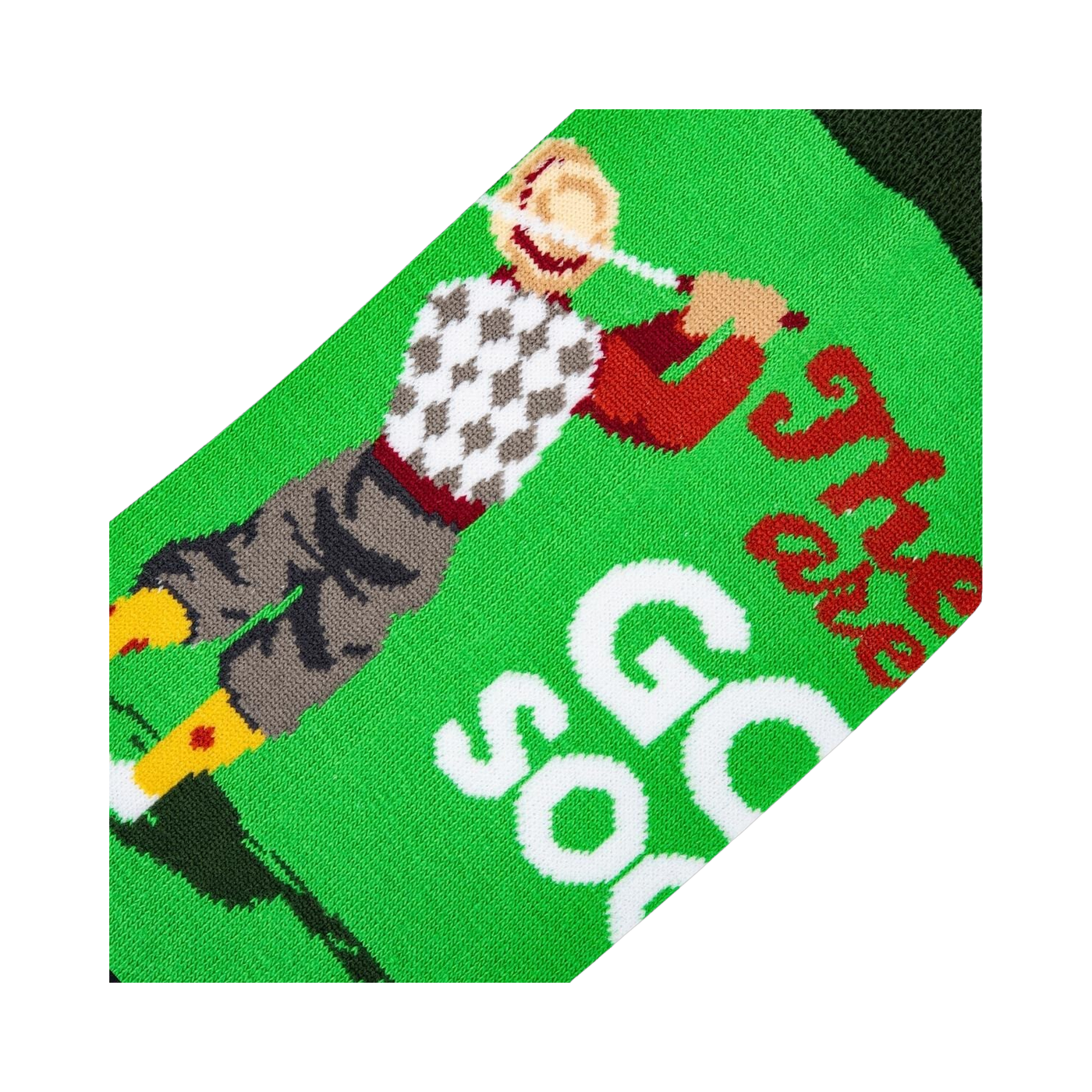 Detailed close-up shot of the retro golfer graphic on the golf socks.