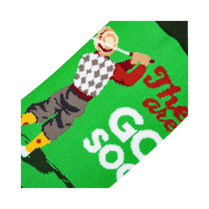 Detailed close-up shot of the retro golfer graphic on the golf socks.