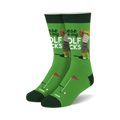Pair of green crew socks with a retro golfer graphic, red and white text that says 'These are my golf socks', and small golf flag and ball details.