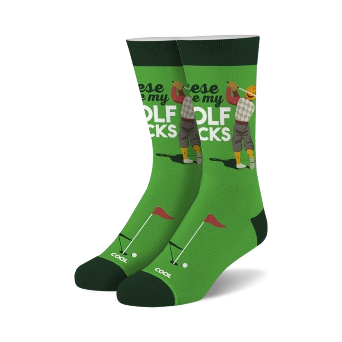 Pair of green crew socks with a retro golfer graphic, red and white text that says 'These are my golf socks', and small golf flag and ball details.