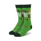 Pair of green crew socks with a retro golfer graphic, red and white text that says 'These are my golf socks', and small golf flag and ball details.