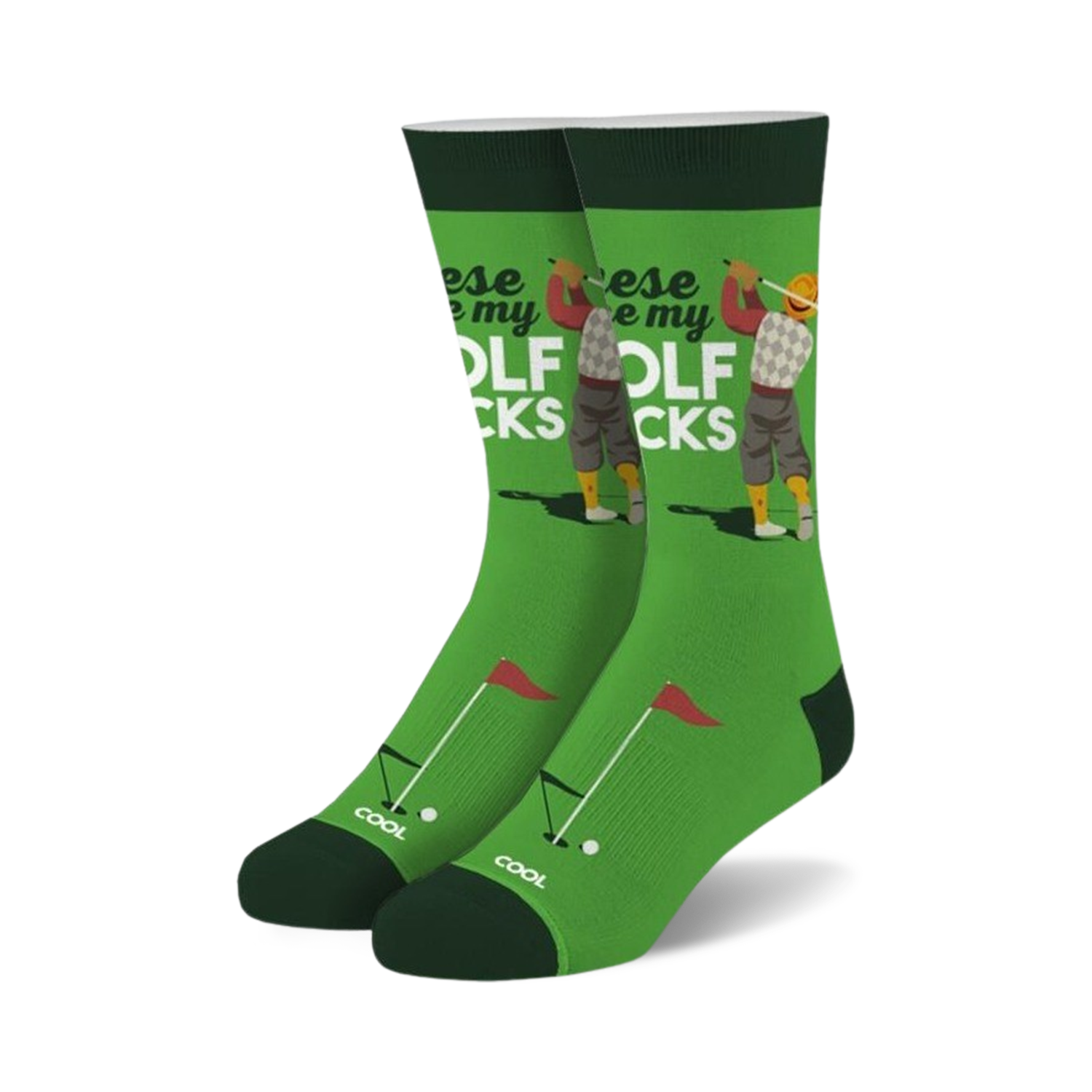 Pair of green crew socks with a retro golfer graphic, red and white text that says 'These are my golf socks', and small golf flag and ball details.