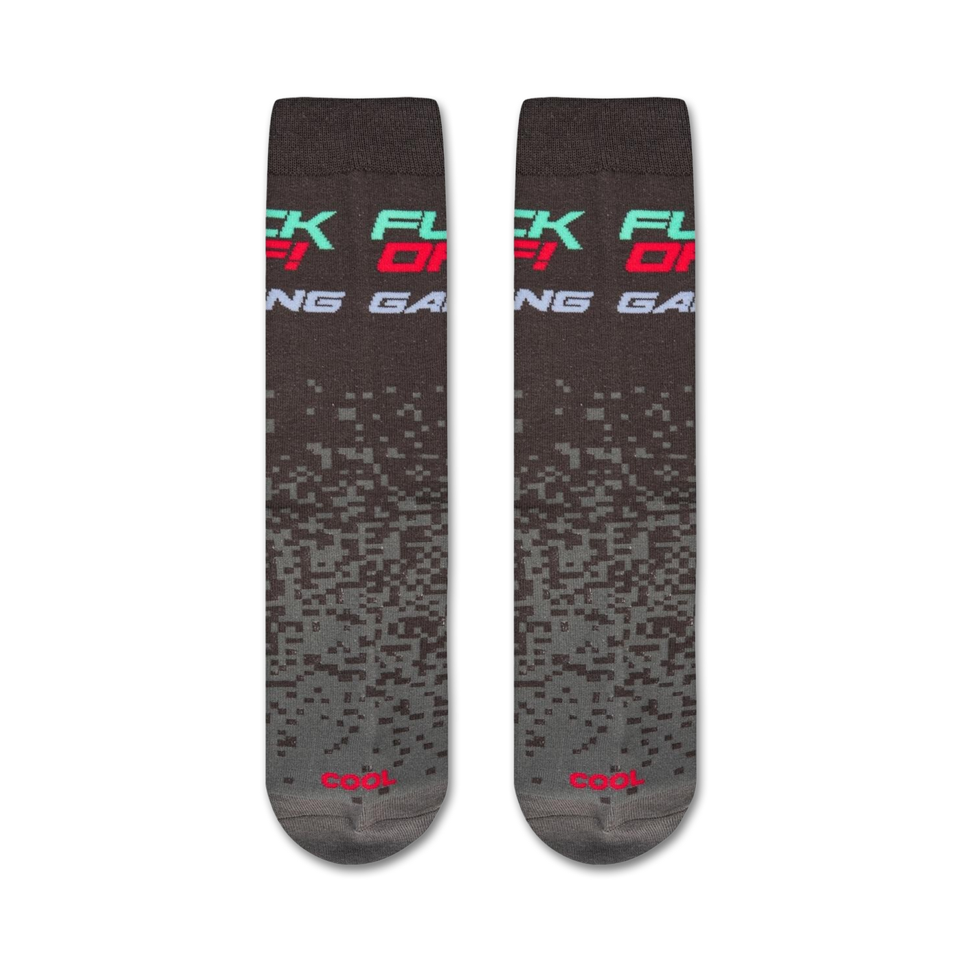 Flat lay product shot showing two 'Fuck Off I'm Gaming' socks.