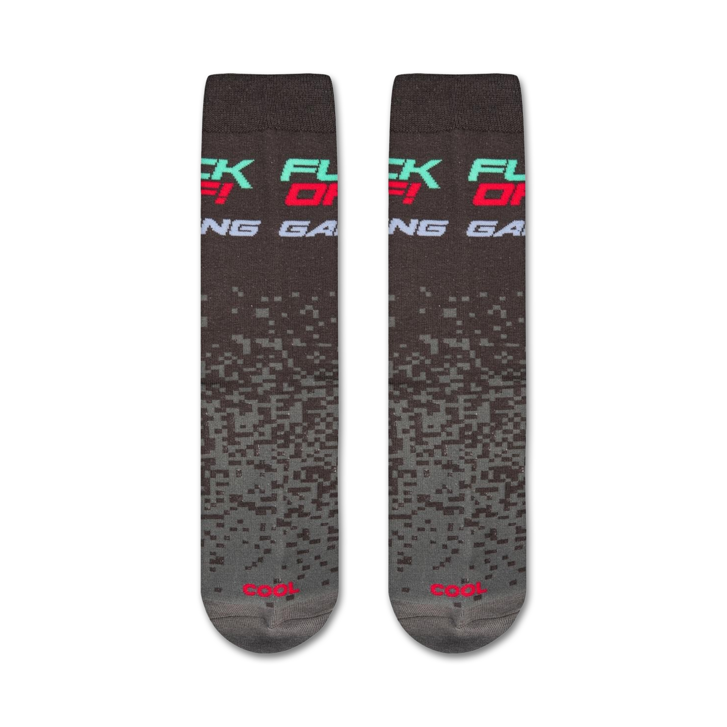 Flat lay product shot showing two 'Fuck Off I'm Gaming' socks.