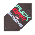 Close-up detail shot of the sock's 'Fuck Off I'm Gaming' text and pixelated design.