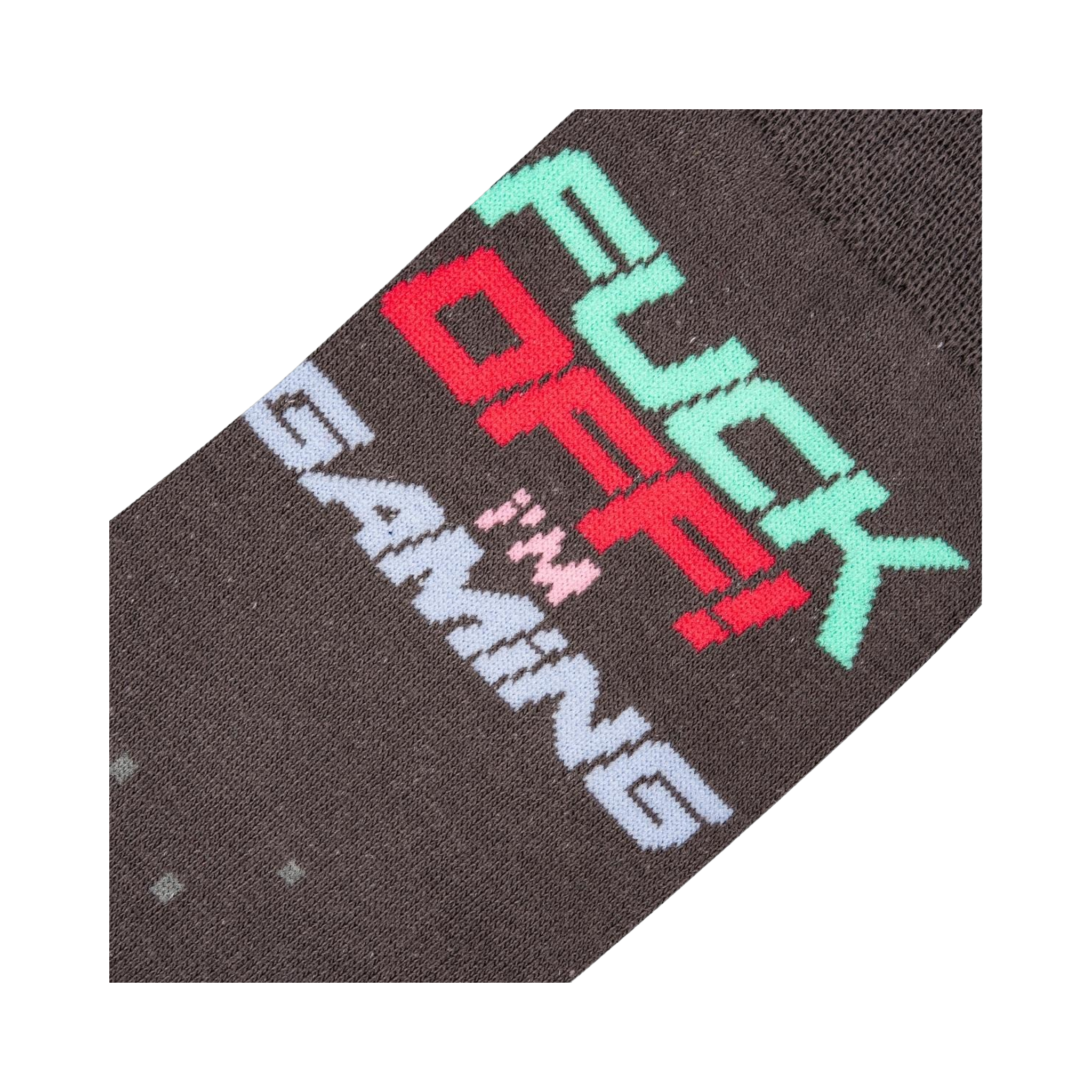 Close-up detail shot of the sock's 'Fuck Off I'm Gaming' text and pixelated design.