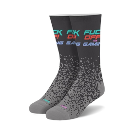 black and gray crew socks with colorful geometric pattern featuring the words "fuck off i'm gaming."  