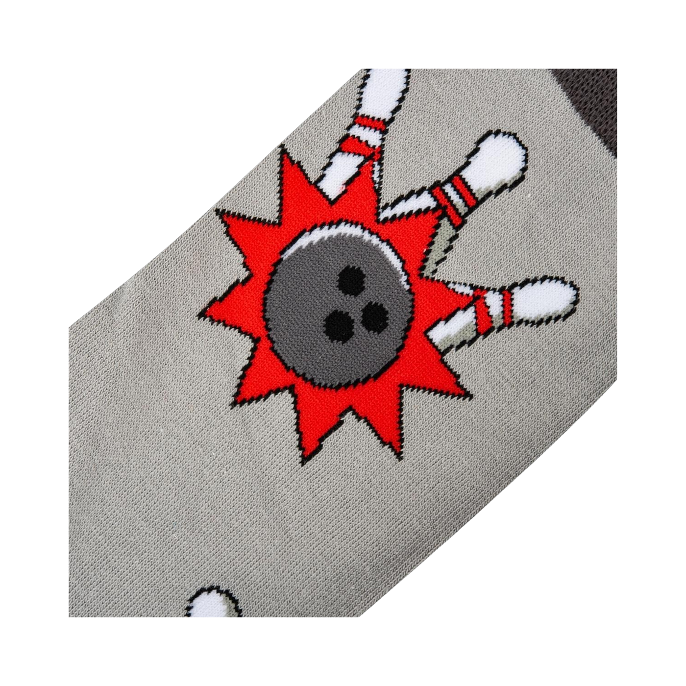 Close-up detail shot of the bowling ball and pins design on the socks.