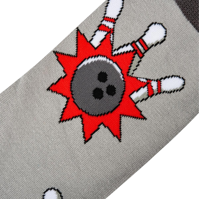 A gray sock with a red bowling ball and white bowling pins.